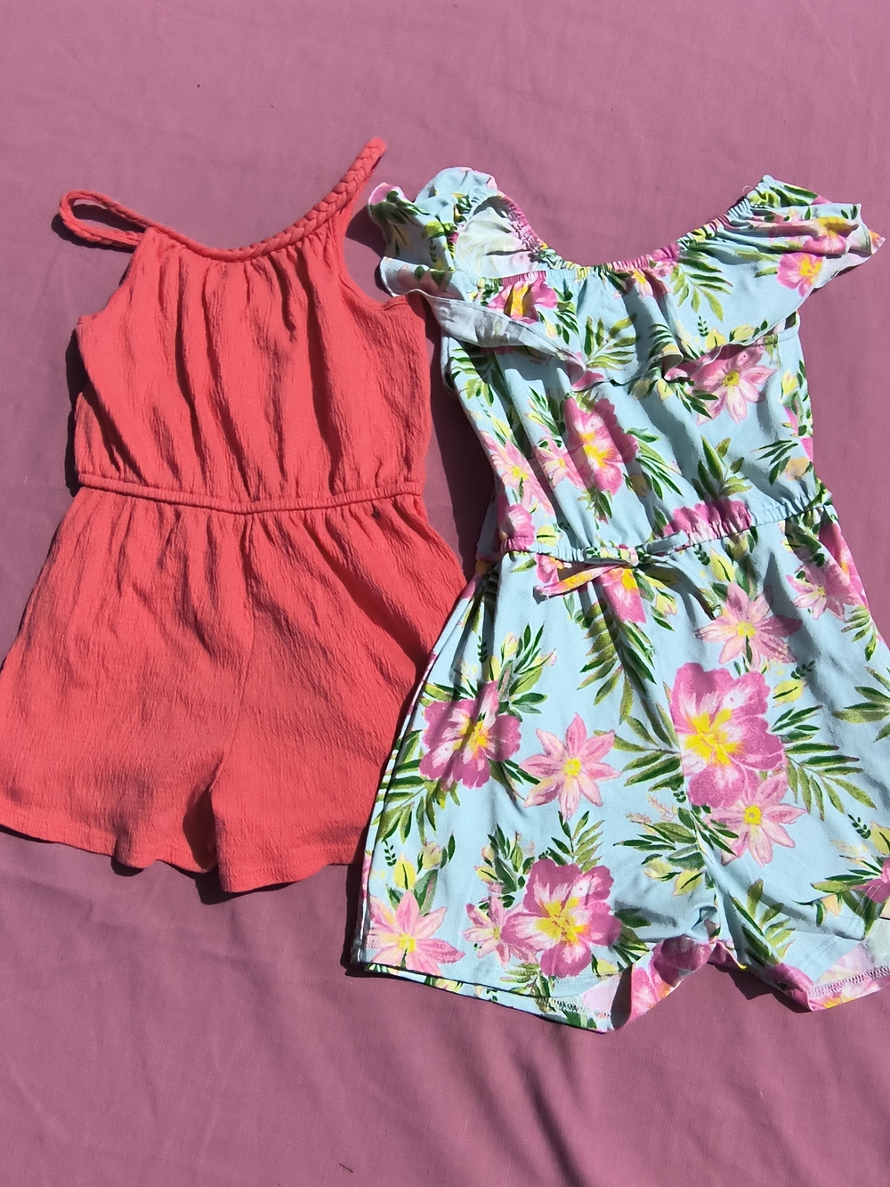 Zunie Coral Romper & Light Blue Floral Off-Shoulder Romper